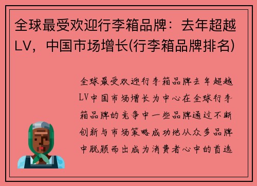 全球最受欢迎行李箱品牌：去年超越LV，中国市场增长(行李箱品牌排名)