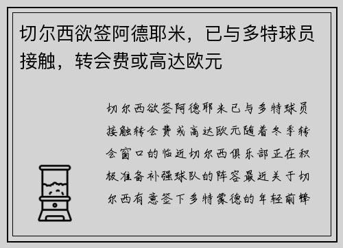 切尔西欲签阿德耶米，已与多特球员接触，转会费或高达欧元