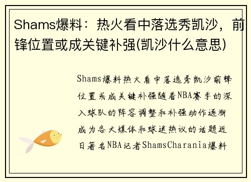 Shams爆料：热火看中落选秀凯沙，前锋位置或成关键补强(凯沙什么意思)