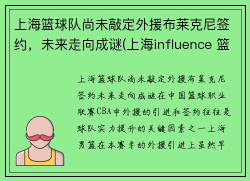 上海篮球队尚未敲定外援布莱克尼签约，未来走向成谜(上海influence 篮球队)