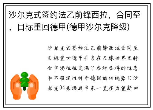 沙尔克式签约法乙前锋西拉，合同至，目标重回德甲(德甲沙尔克降级)