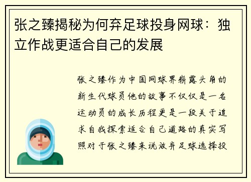 张之臻揭秘为何弃足球投身网球：独立作战更适合自己的发展